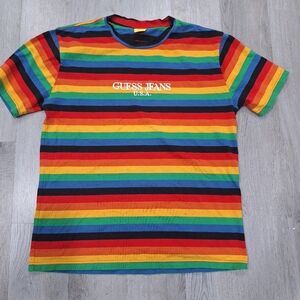 Guess Jeans USA Rainbow Striped T-Shirt - Size L